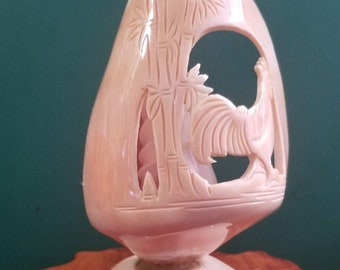 Vintage Hand Carved Sea Shell Folk Art Pink Seashell Rooster & Bamboo Motif 6.5"