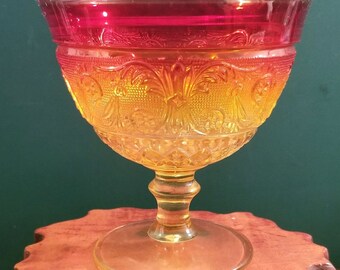 Vintage Amberina Red Yellow Pressed Glass  Carnival GlassChalice 5" Diameter