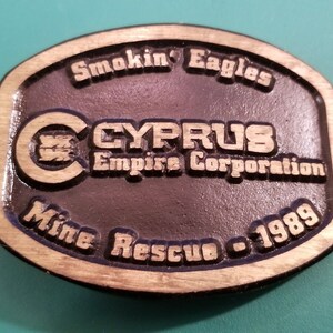 Vintage 1989 Belt Buckle Cyprus Empire Corporation Smokin&#39; Eagles Mine Rescue Solid Brass Dyna Buckle Provo Utah Mining Fire & Rescue