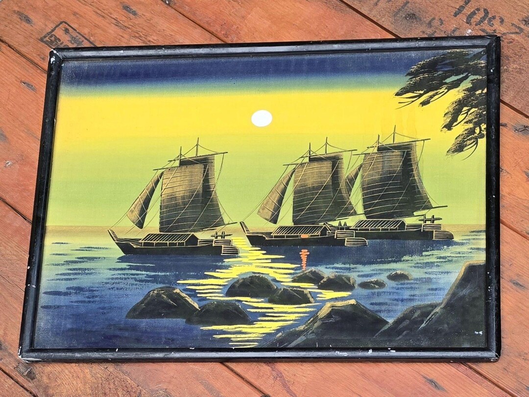 ヴィンテージ 油彩画 ジャンク船 夕景 海景画 中国のジャンク帆船 ヴィンテージ 日本製 油絵 シルク 17.5インチ x