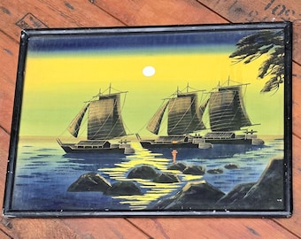 中国のジャンク帆船 ヴィンテージ 日本製 油絵 シルク 17.5インチ x
