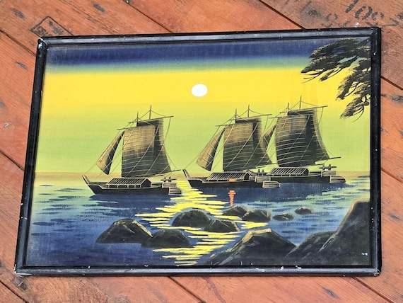 中国のジャンク帆船 ヴィンテージ 日本製 油絵 シルク 17.5インチ x
