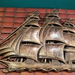 Midcentury Syroco Bronze Tone Tall Ship Nautical Wall Sculpture 16.25"x13"