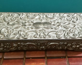 Vintage 1992 Godinger Silver-plate Trinket Jewelry Box Engraved Vine Pattern with Mirror Gray Velvet Lined 9&quot;x4&quot;x2&quot;