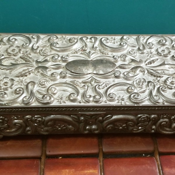 Vintage 1992 Godinger Silver-plate Trinket Jewelry Box Engraved Vine Pattern with Mirror Gray Velvet Lined 9"x4"x2"