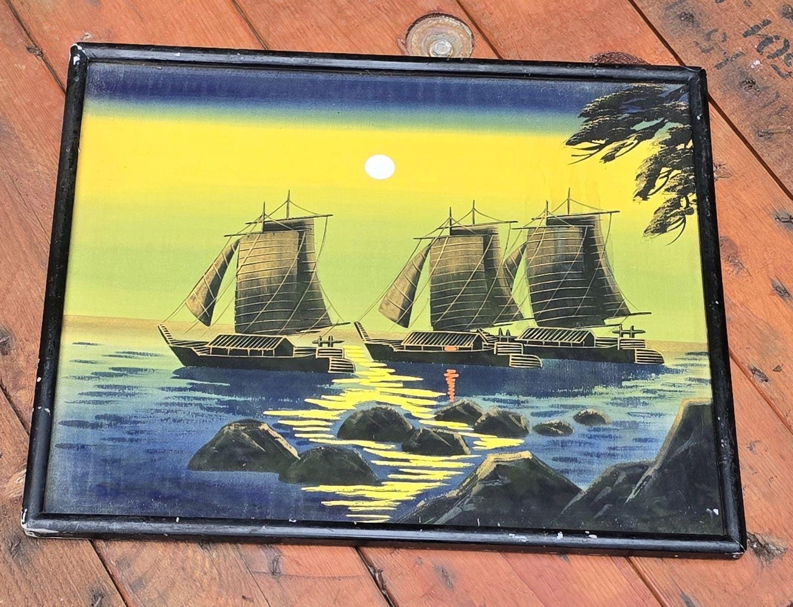 中国のジャンク帆船 ヴィンテージ 日本製 油絵 シルク 17.5インチ x