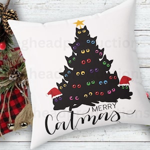 Acogedora almohada navideña de gato de 18 x 18, diseño Merry Catmas, decoración felina festiva para el hogar y la casa rodante, cojín festivo, ¡perfecta para los amantes de los gatos!