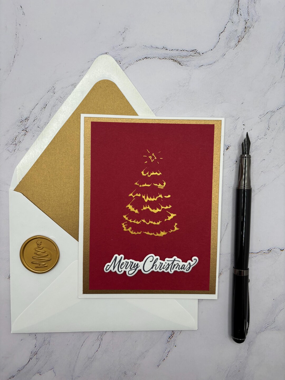 Red and Gold Stenciled Tree Merry Christmas Card With Lined Envelope ...