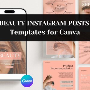 Op de afbeelding: Een verzameling Instagram-posttemplates voor Canva, met een roze en witte kleurstelling. De templates bevatten tekstvakken voor productaanbevelingen, citaten en een beauty-thema met het woord "BEAUTY" in een roze vak.