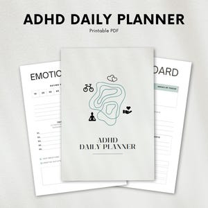 Op de afbeelding: Printbare ADHD Dagelijkse Planner met een abstract ontwerp in blauw en groen, een hart, een fiets en een mediterende persoon. De tekst "ADHD Daily Planner" staat in zwarte tekst op een witte achtergrond.