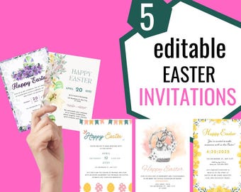 Editable Easter Party Invitations Template | Set of 5 Customizable Canva Easter Invites | Printable Easter Egg Hunt Invitations