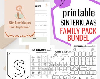 Puede incluir: Colección de materiales imprimibles del paquete familiar Sinterklaas. Incluye un planificador, un juego de memoria, un calendario de actividades y un calendario. El texto "Sinterklaas Familieplanner" es visible.