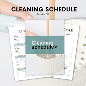 Op de afbeelding: Een printbare schoonmaakschema met een emmer en mop, een checklist met taken en tijdsloten, en een sectie voor prioriteiten en notities.