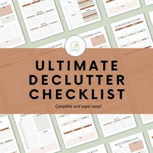 Op de afbeelding: Een printbare opruimchecklist met een bruin en groen kleurenschema. De checklist omvat een 12-maanden opruimplan, een kamer-voor-kamer checklist en een dagelijkse opruimchecklist. De tekst "Ultimate Declutter Checklist" wordt weergegeven in grote, vetgedrukte letters.