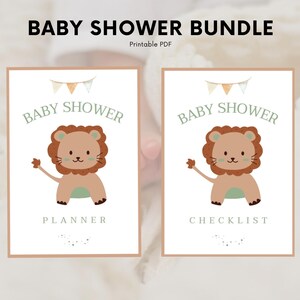 Op de afbeelding: Een baby shower bundel met een planner en checklist. Elk item heeft een cartoon leeuw illustratie in bruin, beige en groen. De tekst "Baby Shower" staat boven de leeuw, met "Planner" en "Checklist" eronder.