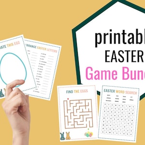 Op de afbeelding: Printbare paas-spelbundel met vier verschillende spellen: Versier dit ei, Schik de paasletters, Vind de eieren en Paaswoordzoeker. De spellen zijn gedrukt op wit papier met kleurrijke illustraties.