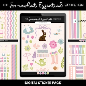 Könnte beinhalten: Ein digitales Sticker-Paket auf einem Tablet, das Illustrationen in Pastellfarben zeigt. Die Sticker umfassen Blumen, Ostereier, einen Hasen, Enten, Regenschirme und Text wie "The Somewhat Essential Collection" und "Digital Sticker Pack".