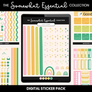 May include: Digital sticker pack with a variety of colorful designs. The image shows a tablet displaying digital stickers, including calendars, rainbows, stars, and decorative lines. The text on the image reads "The Somewhat Essential Collection" and "Digital Sticker Pack."