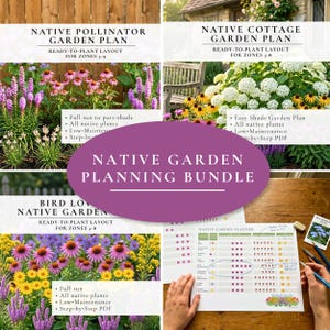 Puede incluir: Un paquete de guías de planificación de jardines nativos. La imagen presenta cuatro diseños de planos de jardín con flores coloridas, incluyendo un jardín de polinizadores, un jardín de cabaña y un jardín para aves. El paquete incluye un planificador de jardín y un sobre de semillas.