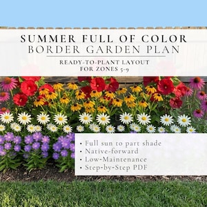 Colorful Border Garden Design Plan • Full Sun • Simple Low Maintenance Landscaping • Zones 5–9 • Layout + Care Guidance (PDF)