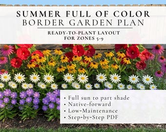 Border Garden Design Plan • Full Sun • Simple Low Maintenance Landscaping • Native Flowers • Zones 5–9 • Layout + Care Guidance (PDF)