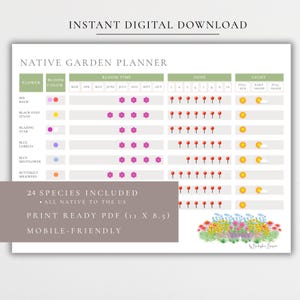 Planificador de jardines con plantas autóctonas • 24 flores autóctonas de EE. UU. • Guía imprimible en PDF y para dispositivos móviles • Tabla de épocas de floración • Zonas climáticas • Necesidades de luz