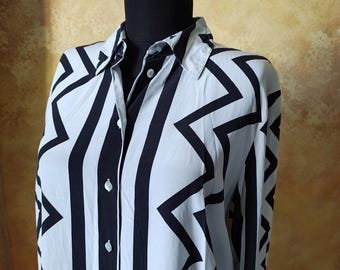 B/W vintage shirt, pure silk with abstract floral print, periwinkle blouse