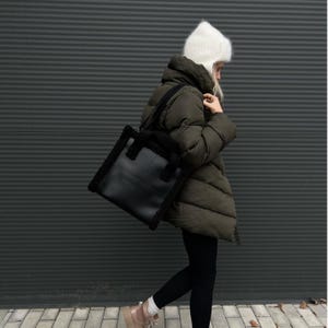 Vegan Leather Tote with Shearling Trim