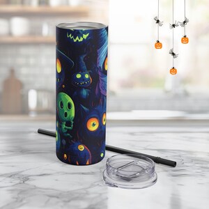 Halloween Tumbler - 20oz Skinny Tumbler with Mysterious Cats, Mummies & Ghouls, 7 Colors, Insulated Drinkware for Spooky Fun
