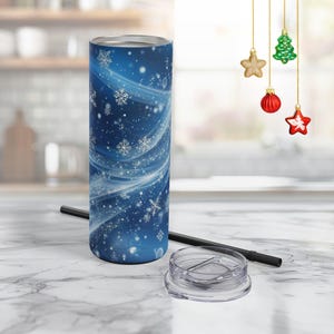 Christmas Tumbler - 20oz Skinny Tumbler with Blue Background and Silver Snowflakes, Insulated Drinkware for Winter Holiday Gift