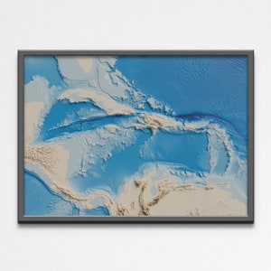 2D Printable Shaded Relief Caribbean Sea Map Poster | Caribbean Sea Elevation Map Geography Poster | Digital Wall Art Gift Poster
