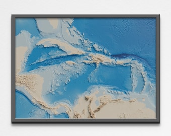 2D Printable Shaded Relief Caribbean Sea Map Poster | Caribbean Sea Elevation Map Geography Poster | Digital Wall Art Gift Poster
