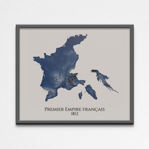 2D druckbares schattiertes Relief Erstes französisches Empire Poster | Historische Napoleonische Frankreich Geographiekarte | Hochwertiges digitales Wandkunstgeschenk
