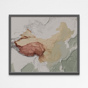 Poster carte de la Chine en relief ombré imprimable 2D | de géographie de carte d'altitude de l'Asie de l'Est de la Chine | Poster cadeau d'art mural numérique