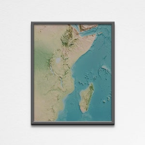 Affiche imprimable 2D de carte d'Afrique de l'Est en relief ombragé | de géographie de carte d'altitude de l'Afrique de l'Est | Poster cadeau d'art mural numérique