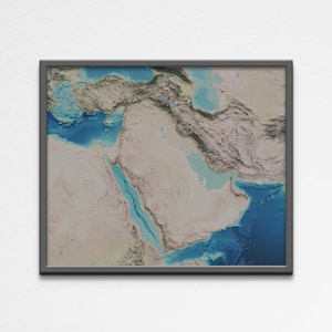 Affiche imprimable 2D de la carte du Moyen-Orient en relief ombragé | de géographie de carte d'altitude du Moyen-Orient | Poster cadeau d'art mural numérique