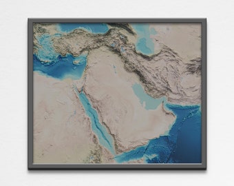 中東地図、中東2D立体地図、中東ビンテージポスター地図、イラン地図