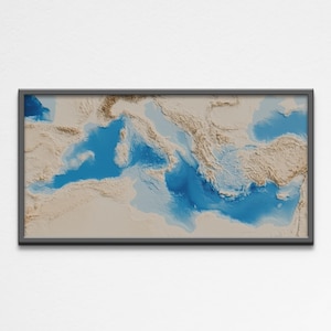 Affiche imprimable 2D de carte de la mer Méditerranée en relief ombragé | de géographie de carte d'altitude de la mer Méditerranée | Poster cadeau d'art mural numérique