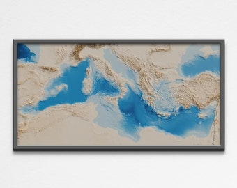 Könnte beinhalten: Eine gerahmte Karte des Mittelmeers mit einem blauen und beigefarbenen Farbschema. Die Karte zeigt die Küstenlinie von Europa, Asien und Afrika.