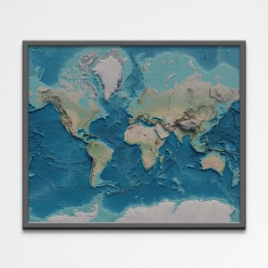 Affiche imprimable 2D de carte du monde en relief ombragé | de géographie de carte d'altitude du monde | Poster cadeau d'art mural numérique de haute qualité