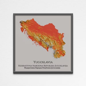 Affiche imprimable 2D de carte en relief ombragé de la Yougoslavie | de carte géographique de la Yougoslavie | Poster cadeau d'art mural numérique de haute qualité