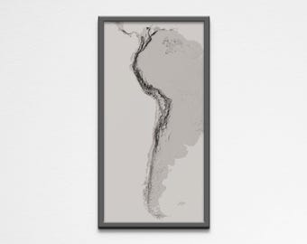 May include: A black and white topographic map of South America, framed in a gray frame.