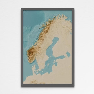 Affiche imprimable 2D de carte en relief ombragé de la Scandinavie et des pays baltes | Poster de géographie d'altitude de l'Europe du Nord | Cadeau d'art mural numérique