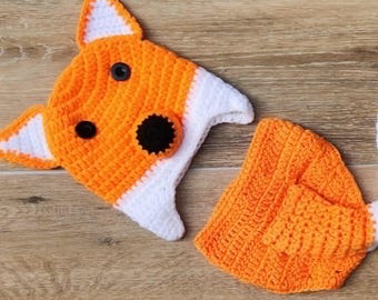 Disfraz de zorro de crochet, disfraz de zorro para recién nacido, accesorio fotográfico de zorro para recién nacido, regalo para baby shower. Disfraz de Halloween. Disfraz de zorro para bebé niño. Talla 0-3 meses.