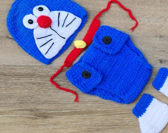 Crochet Doraemon cat outfit,newborn cat photo prop,baby shower gift.Halloween outfit. Doraemon blue cat costume.cat photo prop set for boy