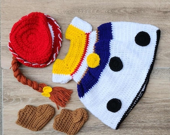 Neugeborenen Jessie Outfit zu häkeln, Neugeborenen Cowgirl Foto Requisite, Baby-Dusche-Geschenk. Halloween-Outfit. Spielzeug Geschichte Cowgirl Kostüm.Woody.Jessie Kostüm