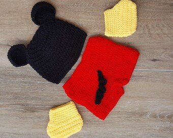 Traje de Mickey Mouse inspirado en crochet, accesorio fotográfico de Mickey Mouse para recién nacido, regalo de baby shower, traje de Halloween, conjunto de disfraz de Mickey de Disney para bebé niño.