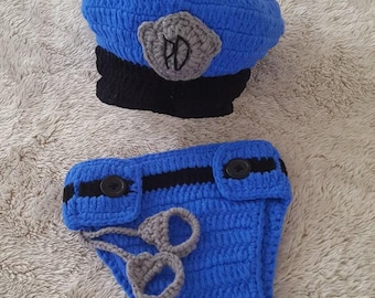 Traje de policía de crochet, accesorio de fotografía de policía para recién nacidos, regalo de baby shower, traje de Halloween, disfraz de policía, conjunto de crochet de policía para bebé niño.