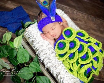 Conjunto de pavo real a crochet, accesorio fotográfico de pavo real para recién nacido, regalo para baby shower, disfraz de Halloween, disfraz de niña y conjunto de accesorios fotográficos de pavo real a crochet.