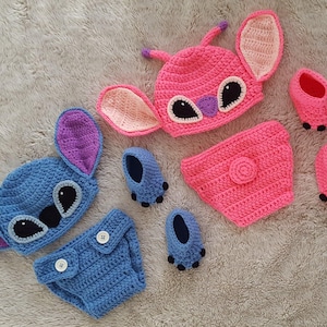 Crochet stitch and angel outfit, newborn photo prop, baby shower gift. Halloween outfit. stitch and lilo costume. baby boy/girl outfit.